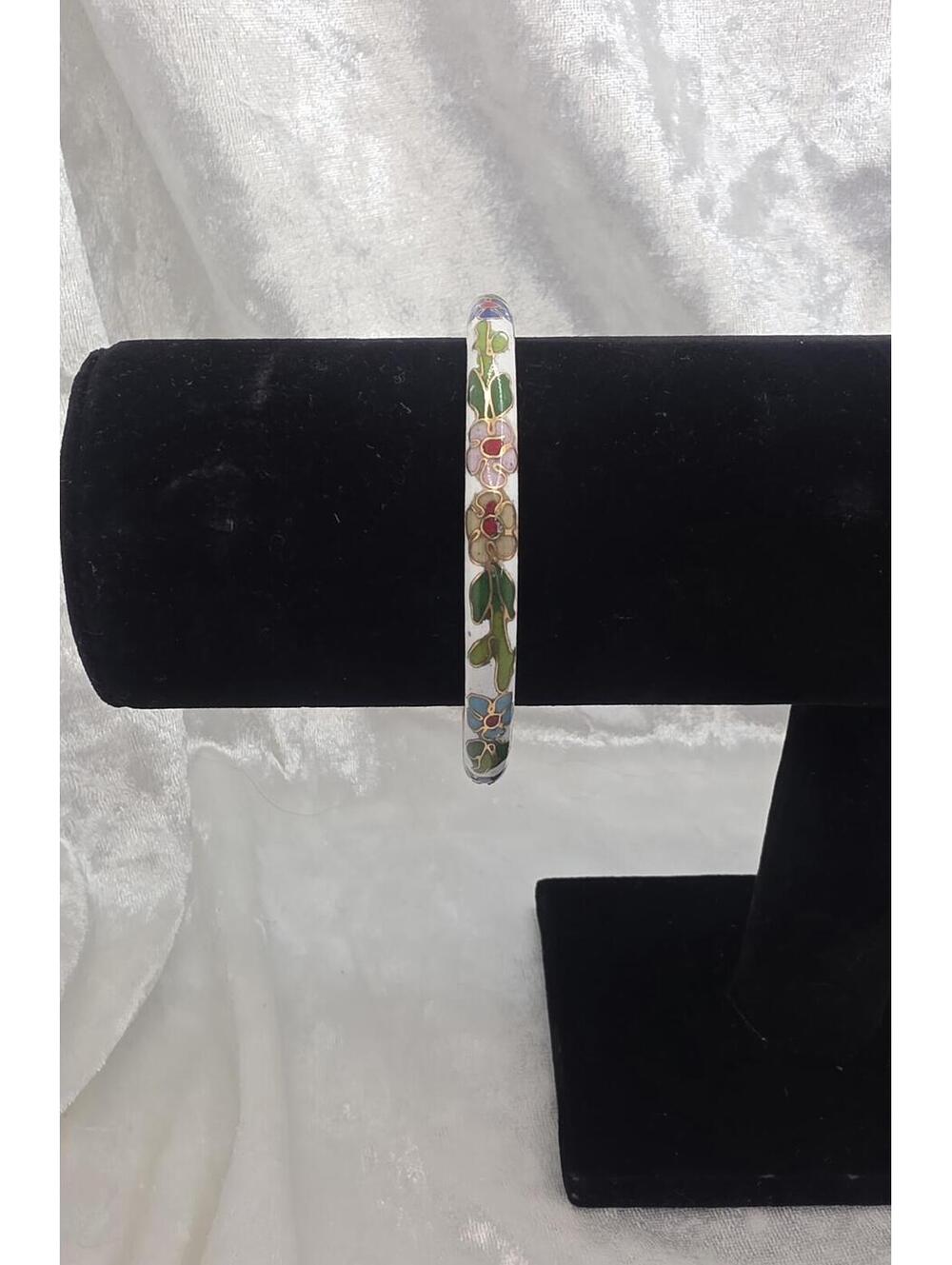 Vintage White Cloisonne Bangle Bracelet Floral Enamel Butterfly Bracelet